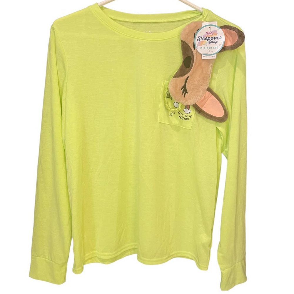 Justice Womens Sleepover 2 Piece Set 18/20 Lime Green Shirt Frenchie Eye Mask